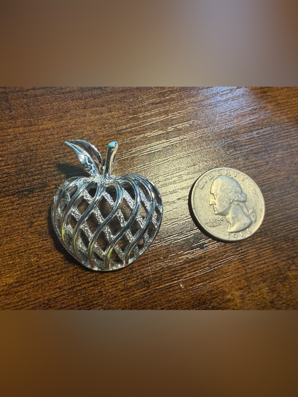 Silver-Tone Apple Shaped Brooch with Leaf